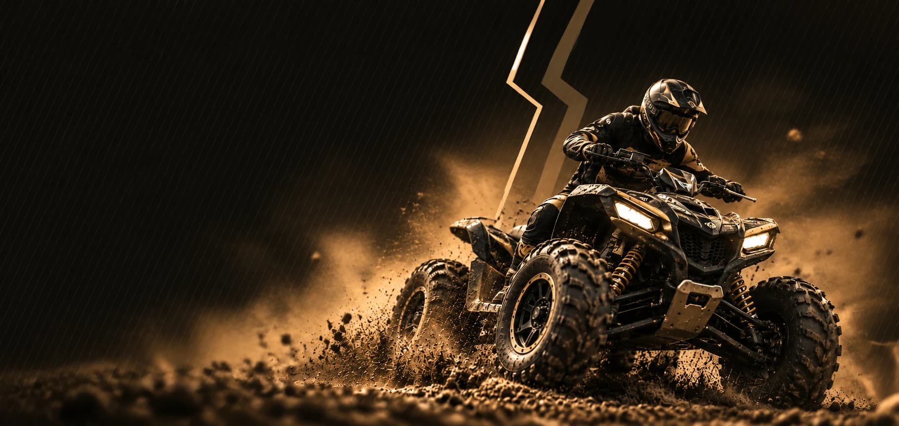 Un pilota ATV in curva stretta che solleva fango e sabbia